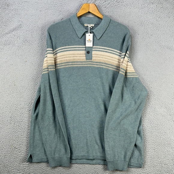 Marine Layer Merino‎ Wool Blend Elias Sweater Polo Mens 2XL Blue Long Sleeve NEW